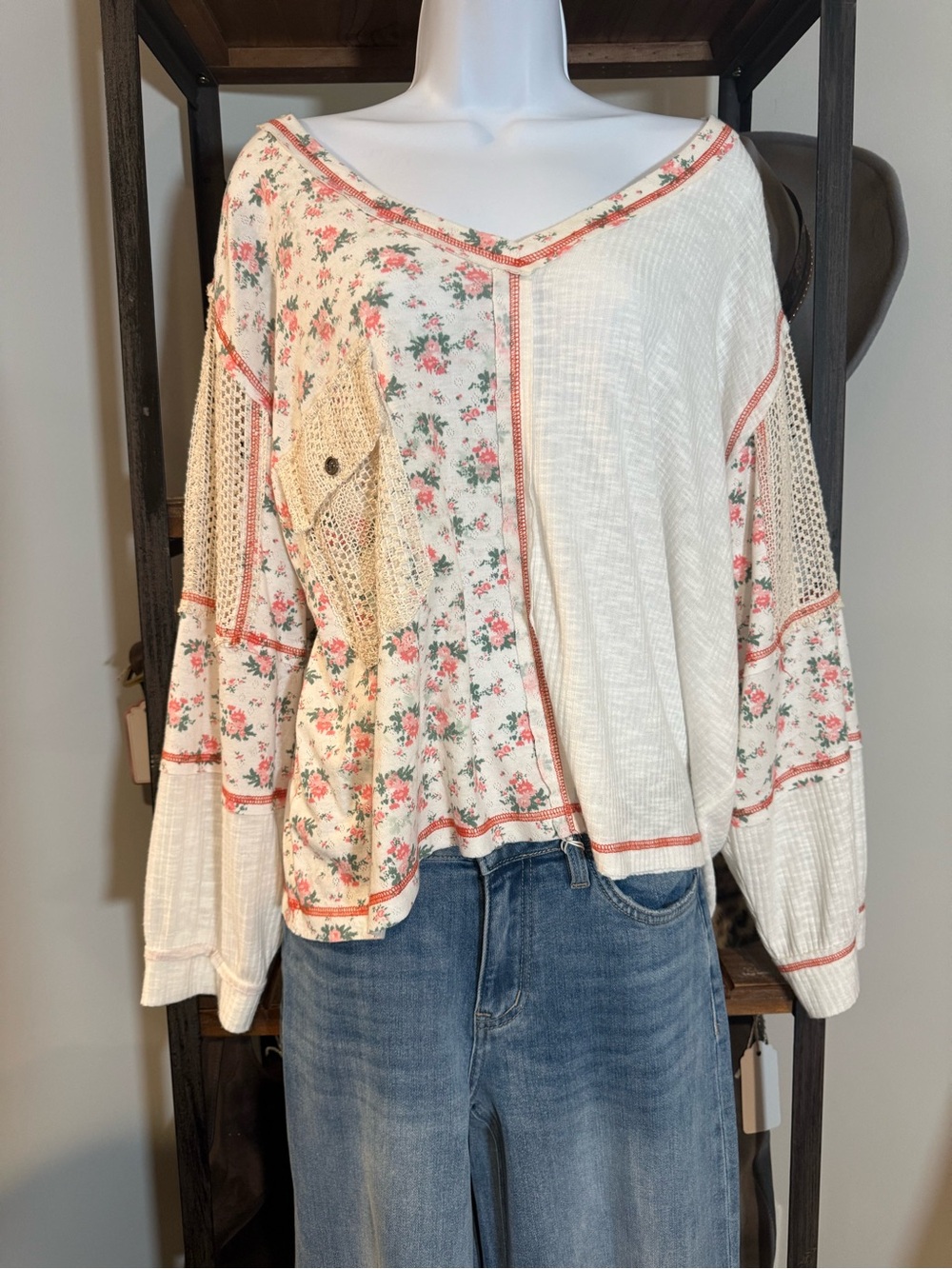 POL Floral Patchwork Long Sleeve Top - Cream and Pink